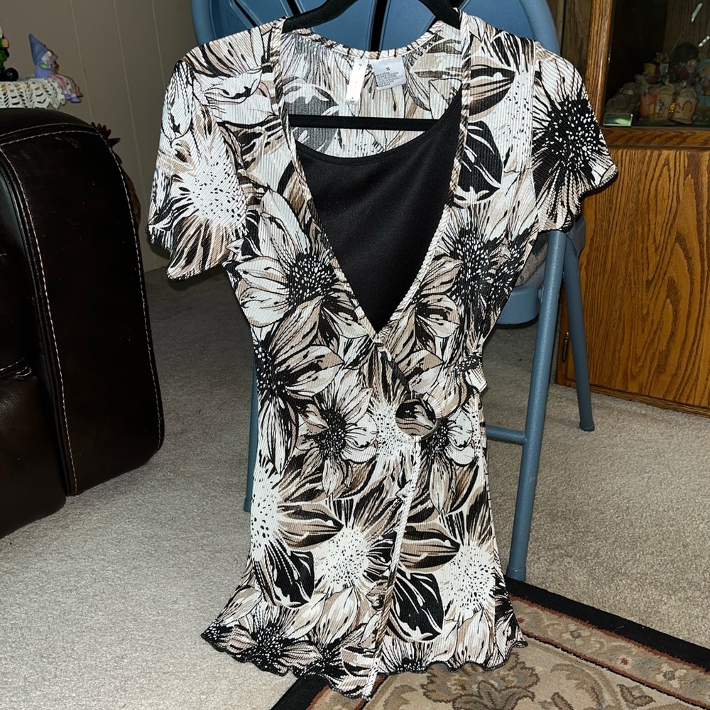 Black and White Wrap Blouse with V-Neckline